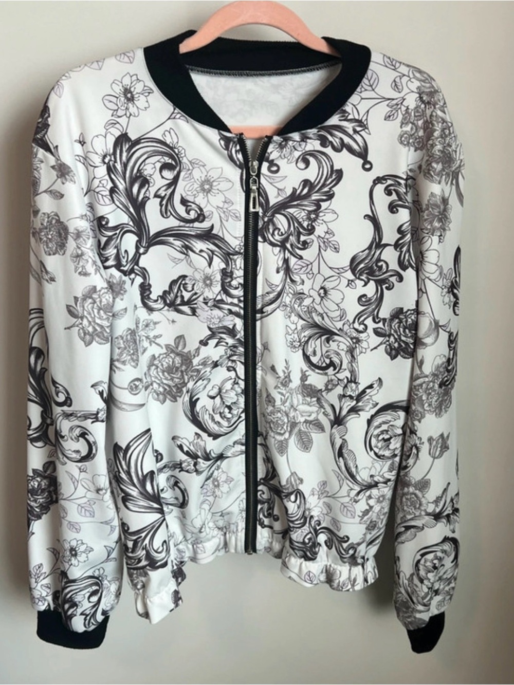 Floral Scroll Print Bomber Jacket - White/Black. Medium.